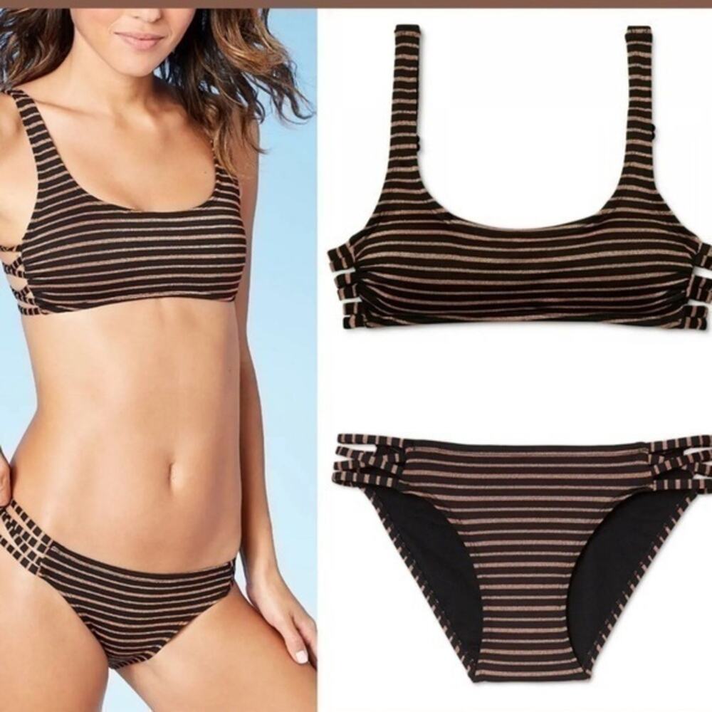EUC Xhilaration BLACK COPPER GOLD BRONZE Metallic Stripe Strappy Bikini Sz L
